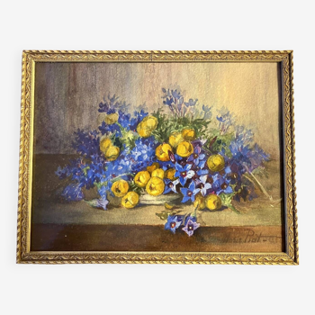 Old painting, still life with flowers, signed Marie Piat (1880-1977)