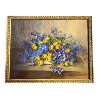 Old painting, still life with flowers, signed Marie Piat (1880-1977)