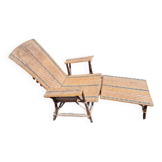 Rattan/wicker and wood chaise longue - 1940s/50s