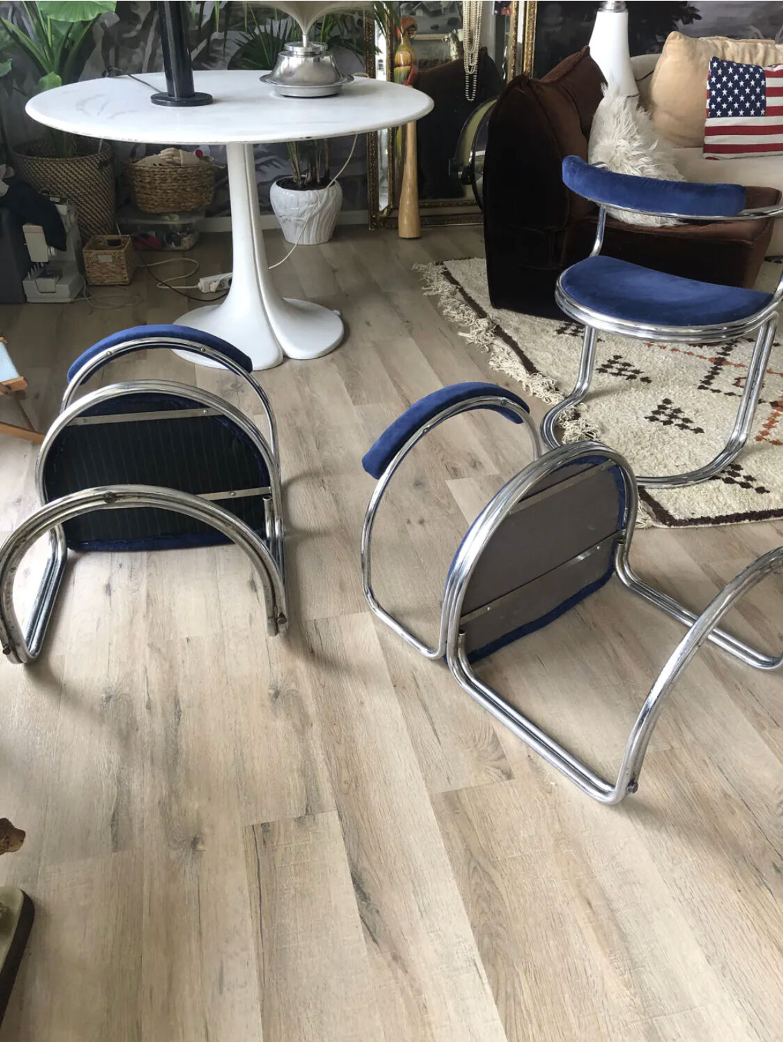 Set of four vintage chrome and velvet chairs