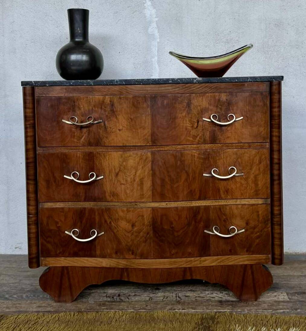 Art Deco curved chest of drawers in walnut