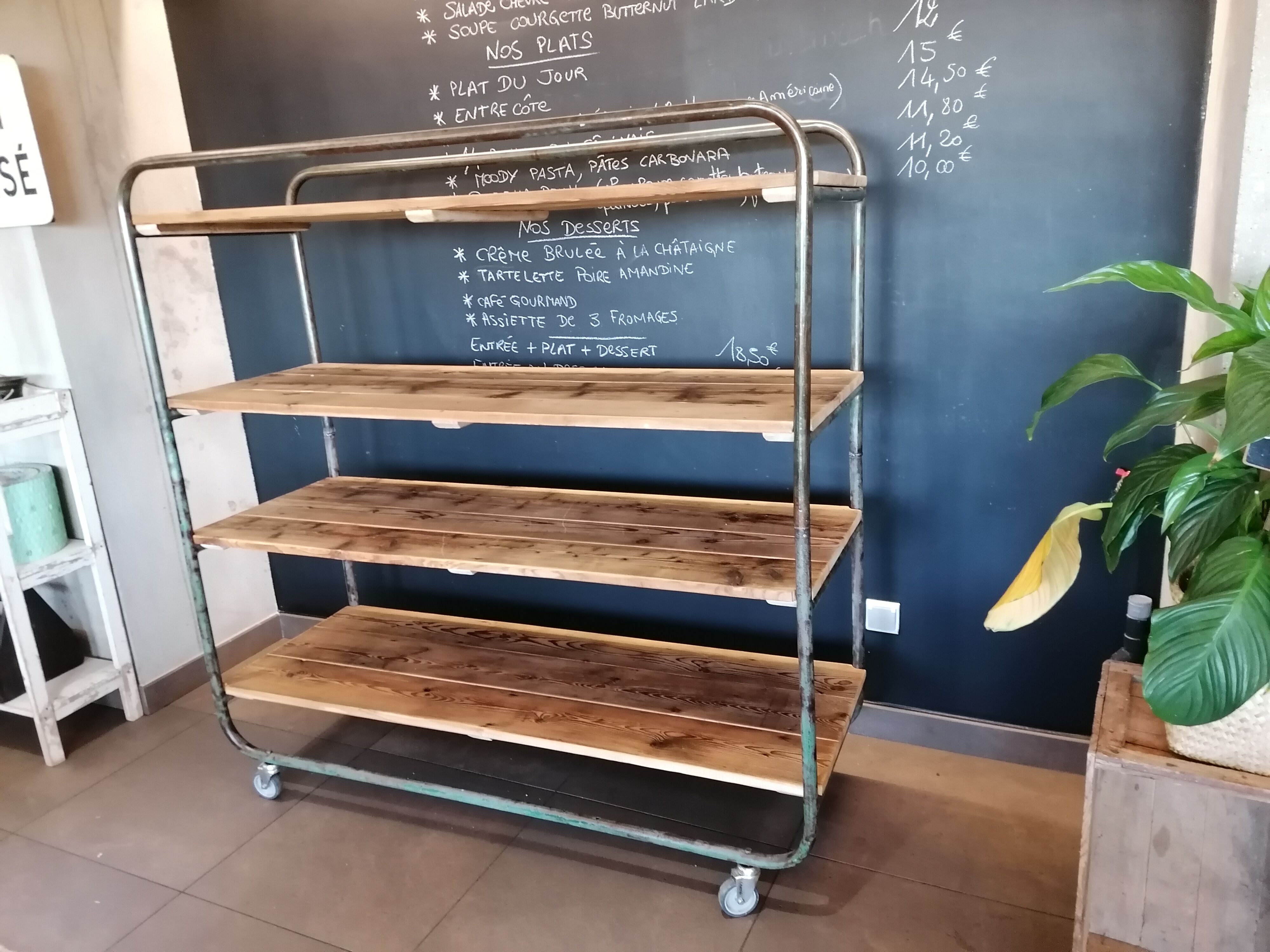 Steel and wooden shelf on wheels