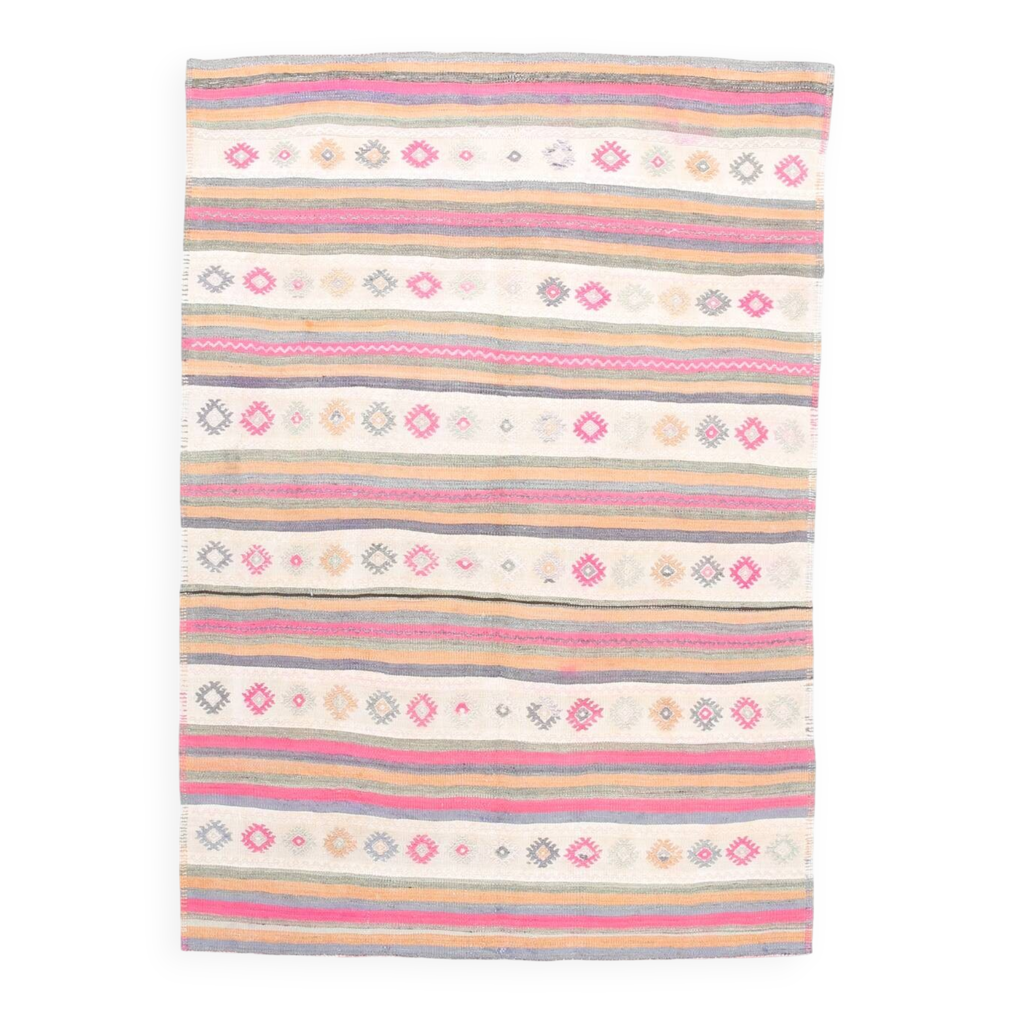 Beige & Pink Wool Kilim Rug, 142x203Cm Handknotted Carpet, 5x7 Rugs