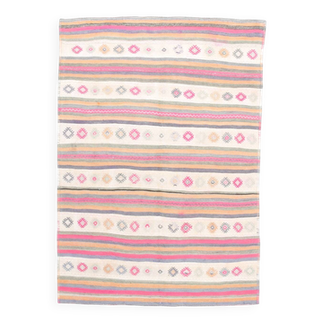 Beige & Pink Wool Kilim Rug, 142x203Cm Handknotted Carpet, 5x7 Rugs