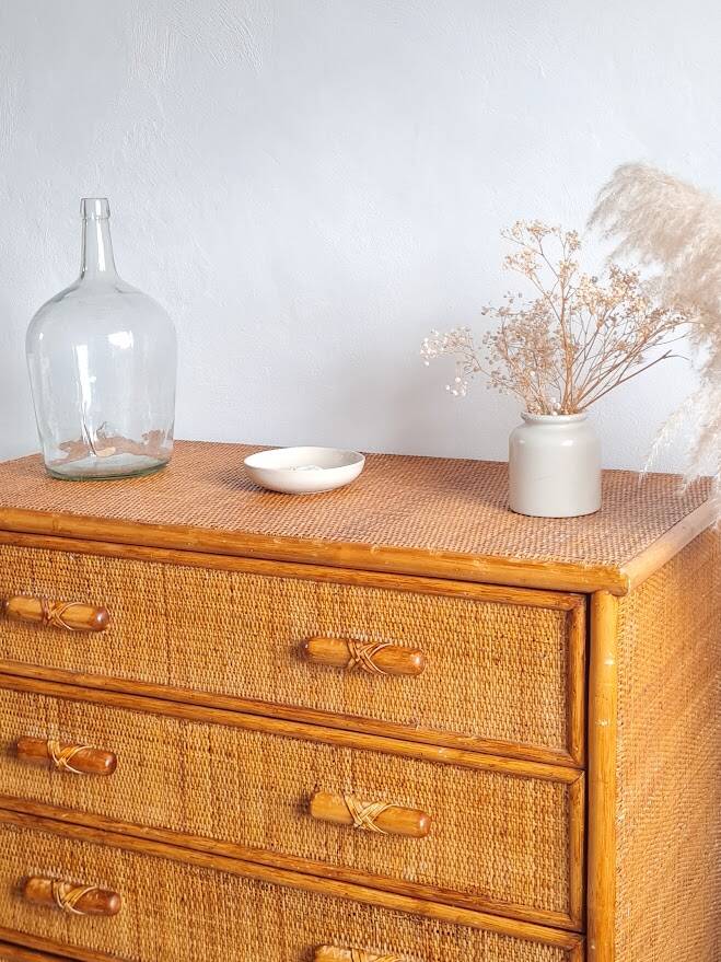 Vintage rattan chest of drawers circa 70s