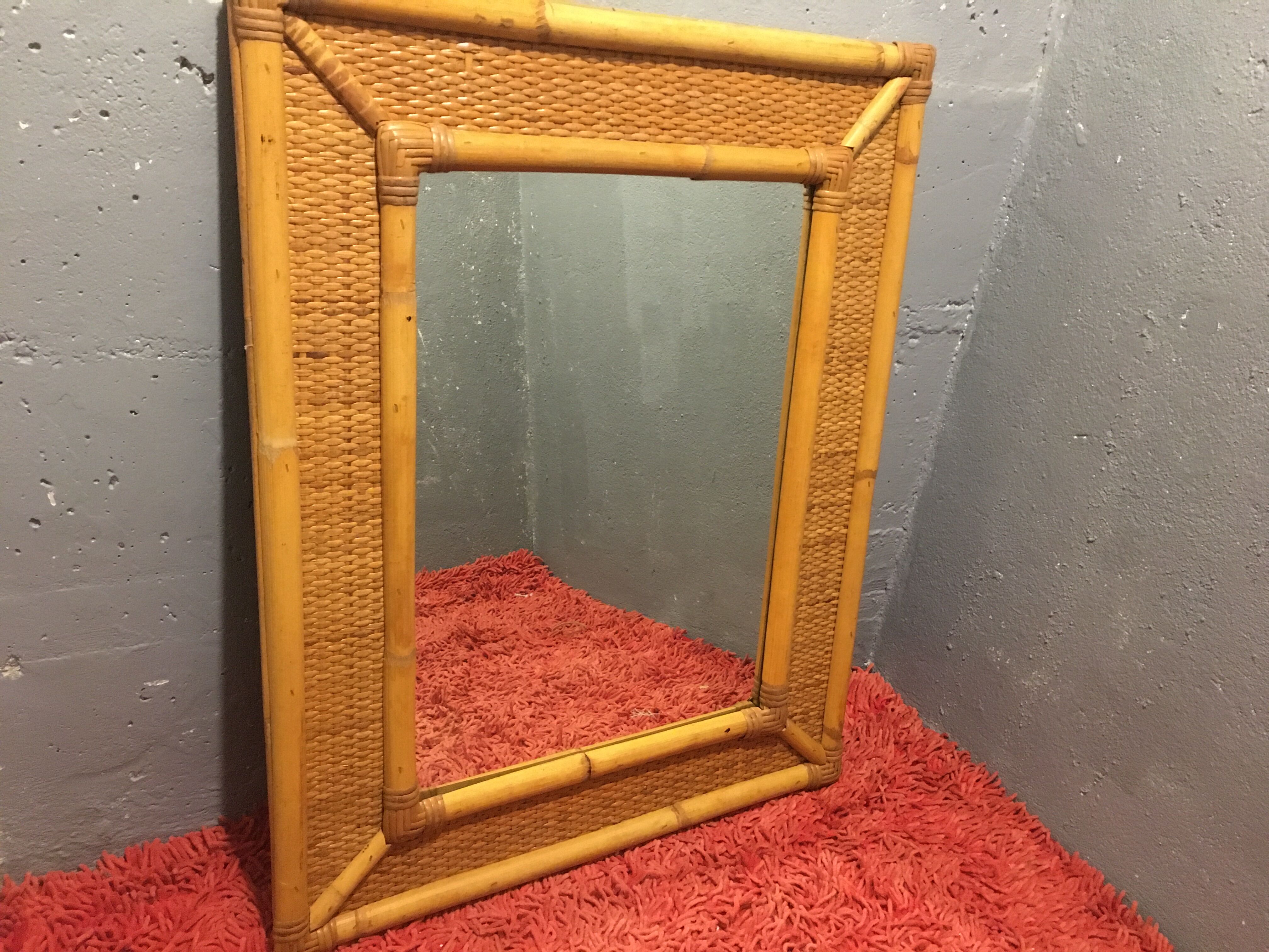 1970s mirror bamboo and rattan