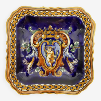 Porte-carte Pompadour faience Gien décor Renaissance fond bleu