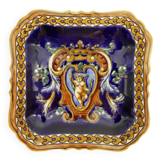 Porte-carte Pompadour faience Gien décor Renaissance fond bleu