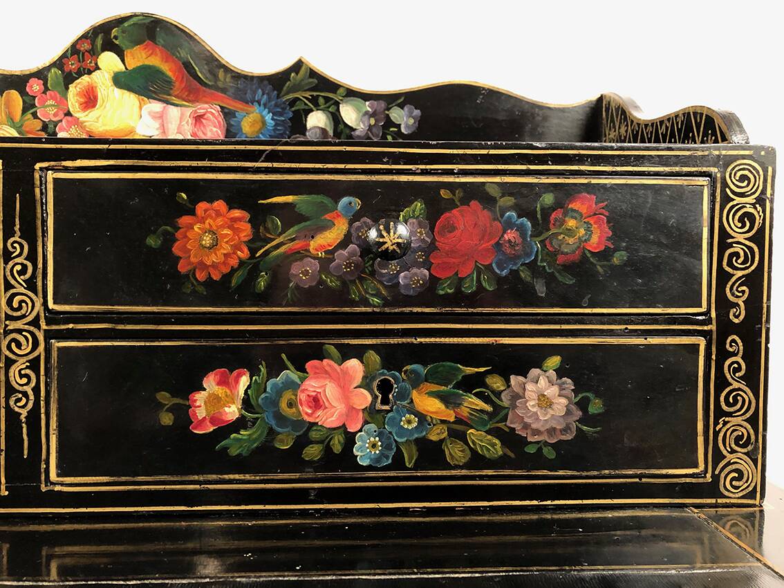 Bonheur du jour in black lacquered wood with rich painted decorations of flowers and birds, Napoleon III