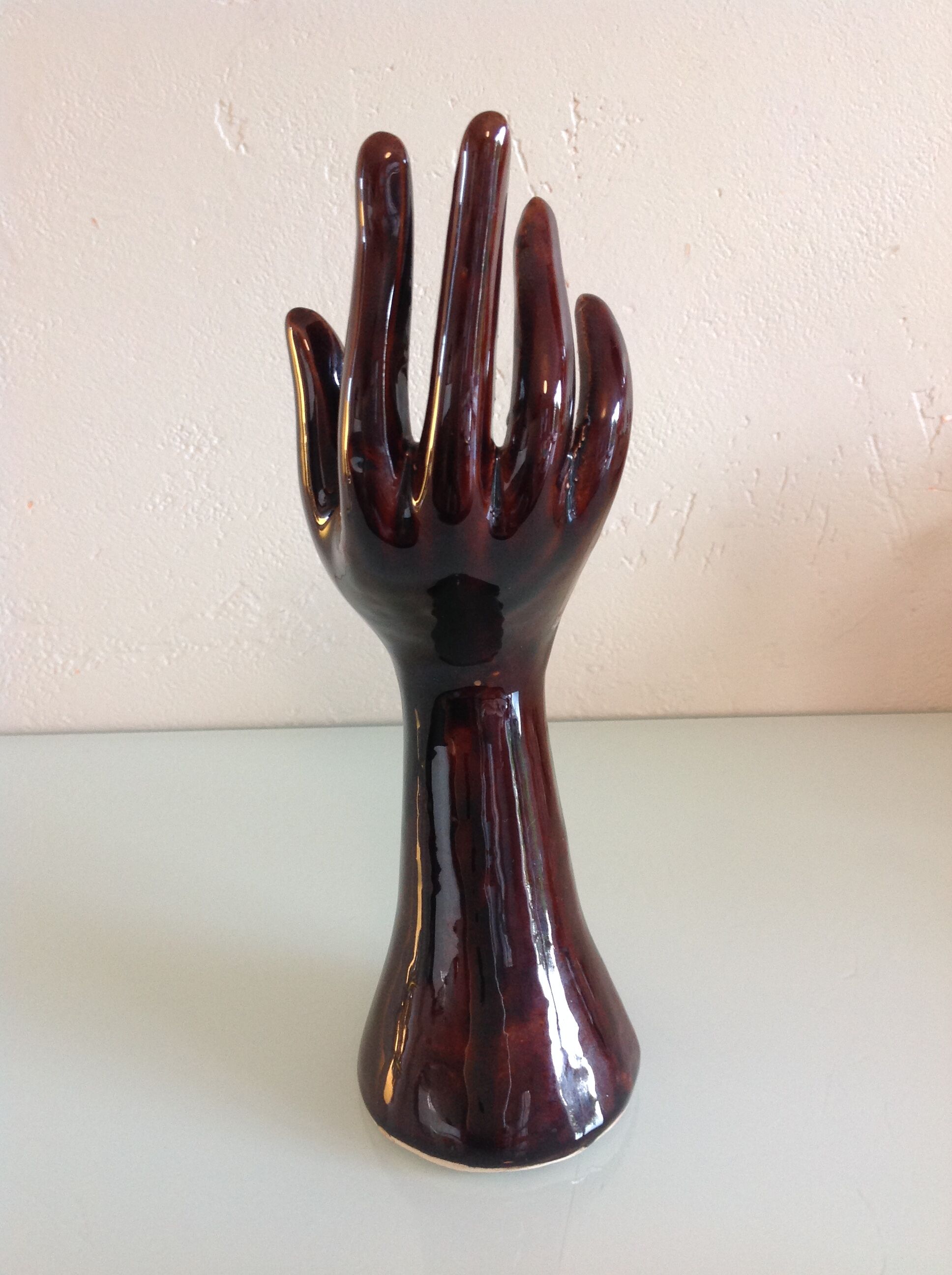 Hand baguier soliflore in brown ceramic, vintage 60/70s
