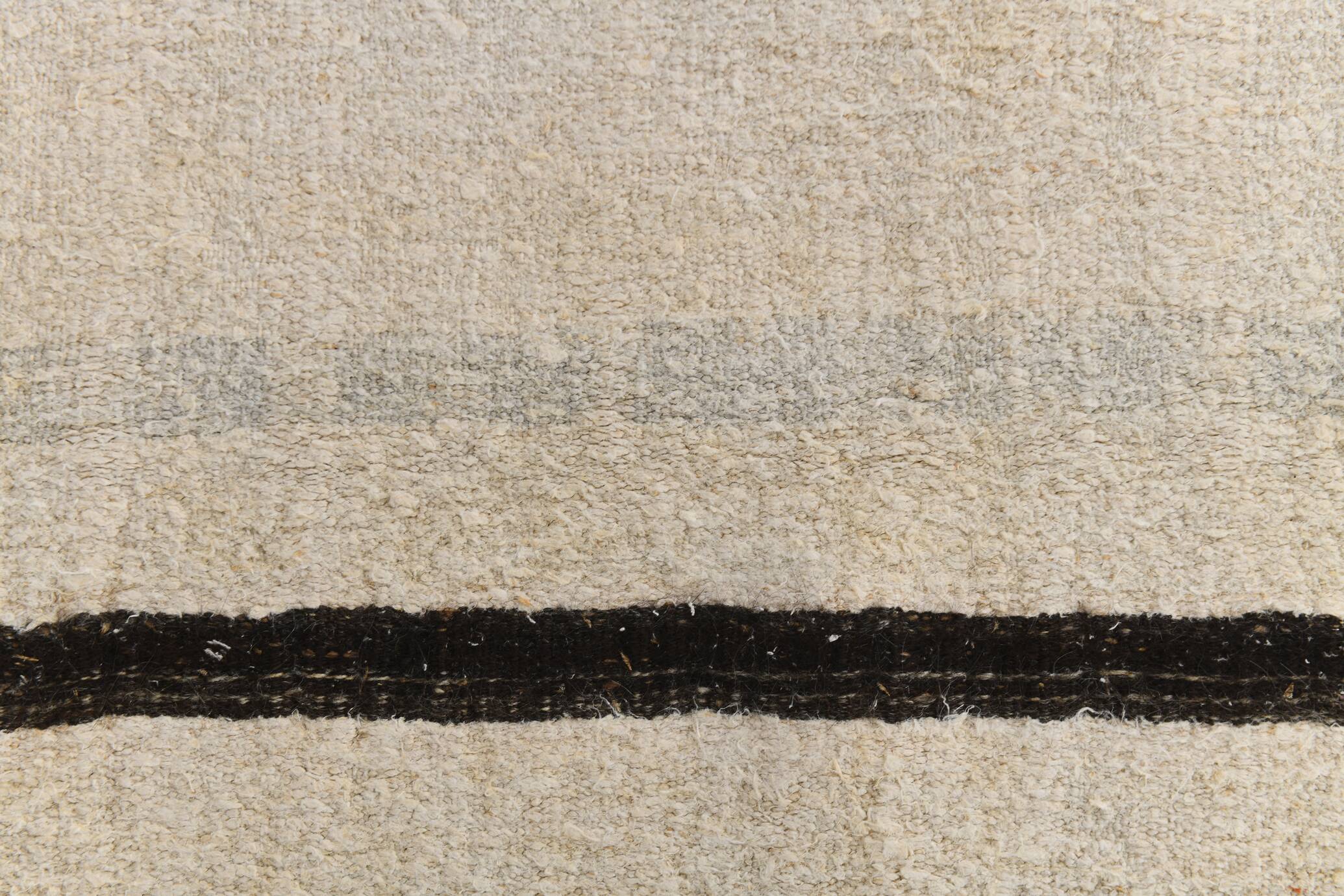 Beige & Black Striped Pattern Vintage Kilim Rug, 74x351 Cm