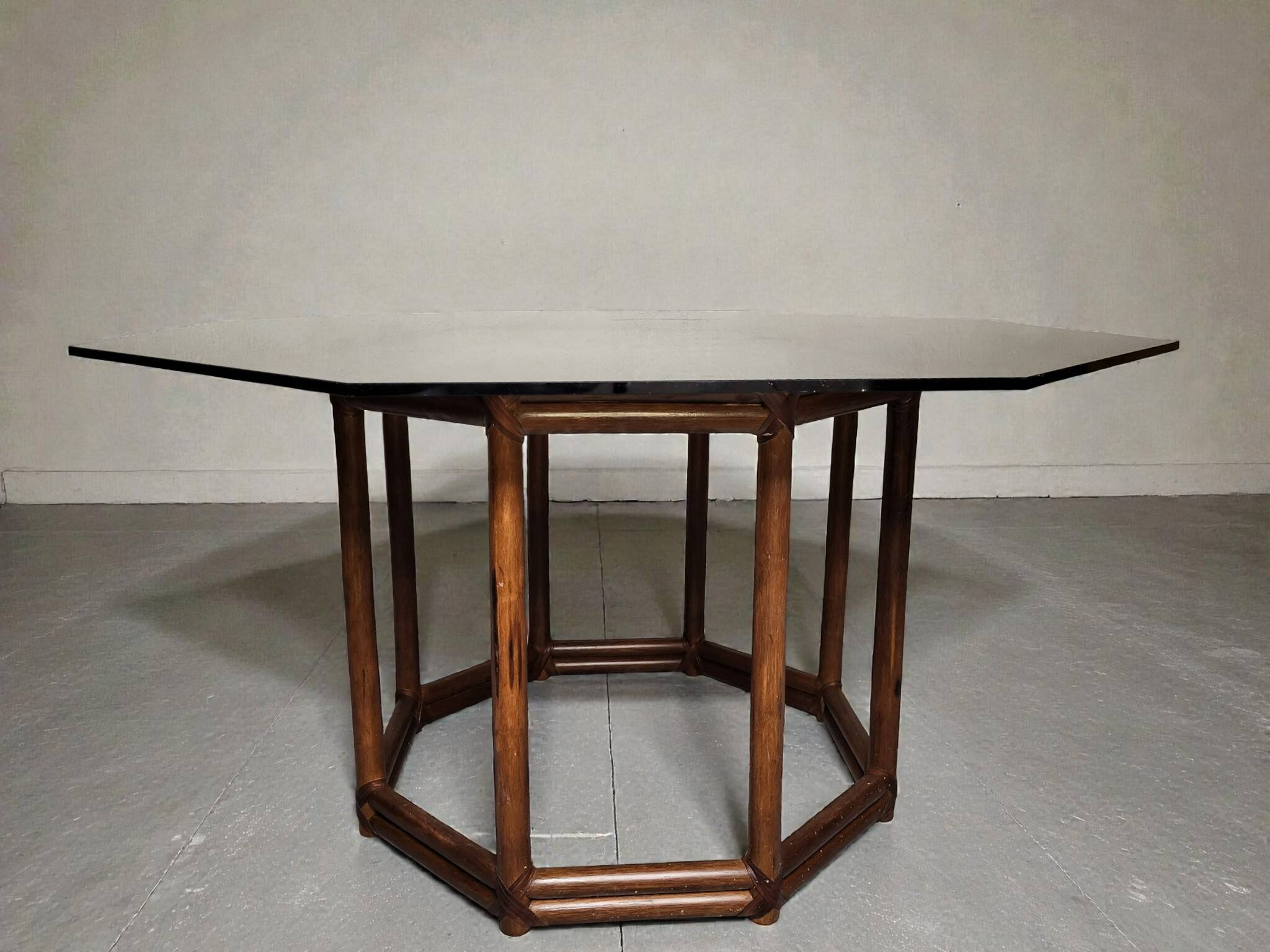Bamboo-style wooden table with smoked glass top, 1970s