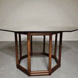 Bamboo-style wooden table with smoked glass top, 1970s