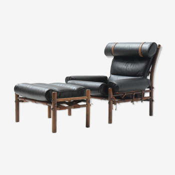 Fauteuil lounge et pouf en cuir noir, Arne Norell, Norell Möbel AB, Suède