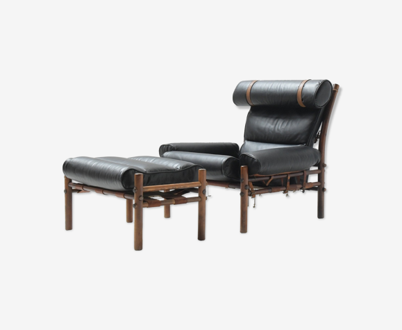 Fauteuil lounge et pouf en cuir noir, Arne Norell, Norell Möbel AB, Suède