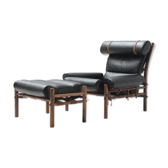 Lounge and poof in black leather, Arne Norell, Norell Möbel AB, Sweden