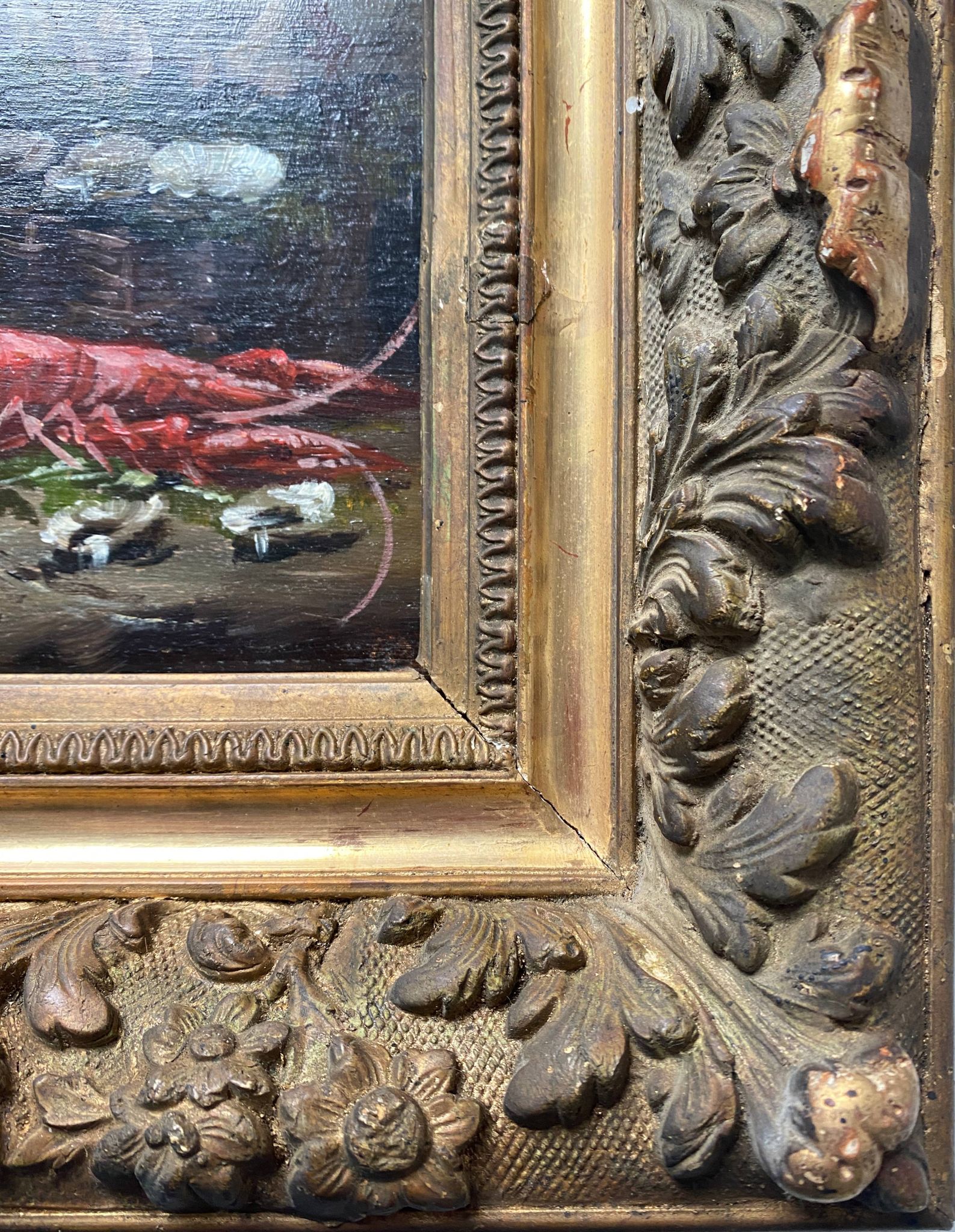 HSP painting "Still life with mussels and lobster" 19th century signed Bournay + frame