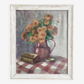 Tableau huile sur toile HST nature morte fleurs