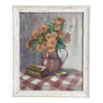 Tableau huile sur toile HST nature morte fleurs