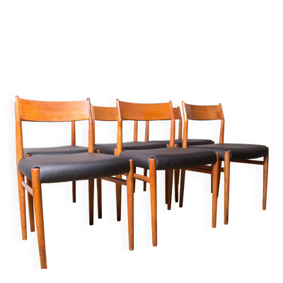 6 chaises Danoises en Teck et Skaï neuf, modèle 418 Arne Vodder 1960.