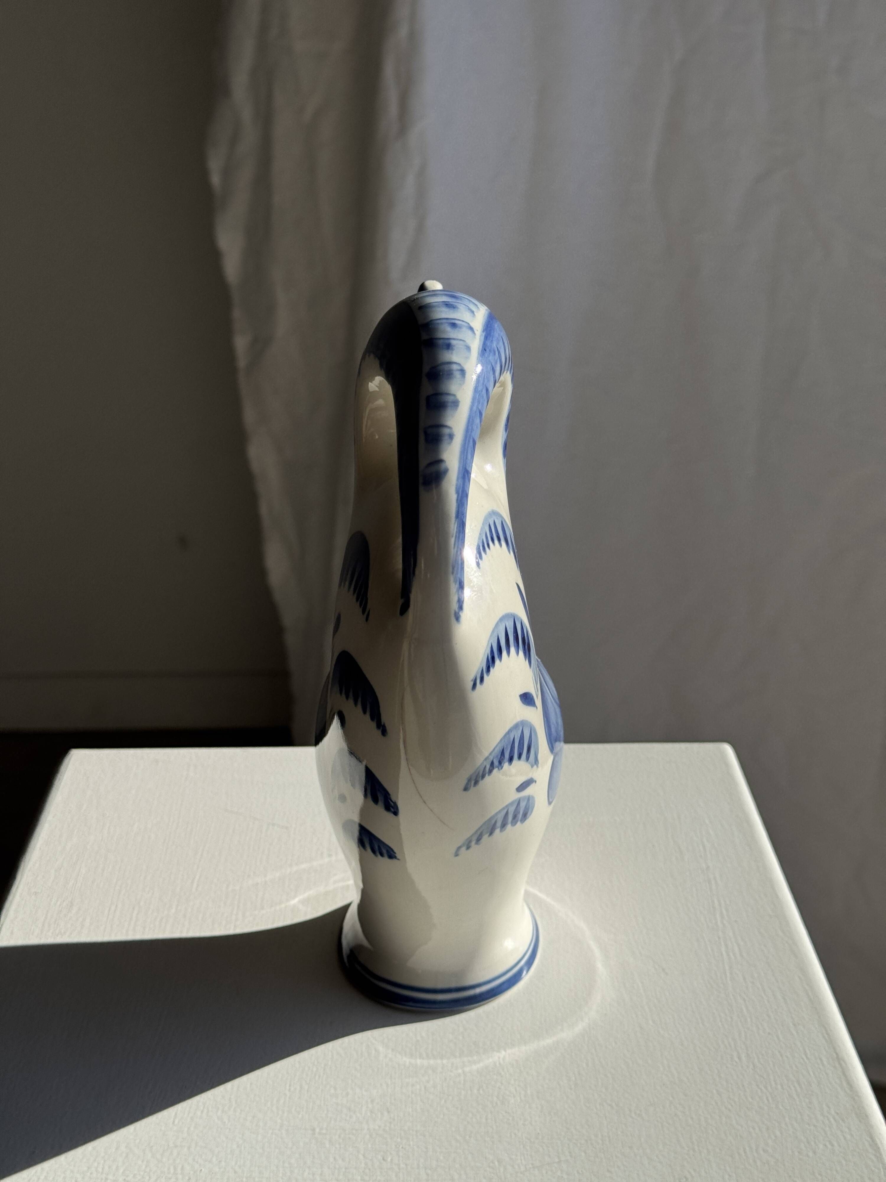 Vintage white ceramic carafe with blue Gjel-style decoration, USSR.