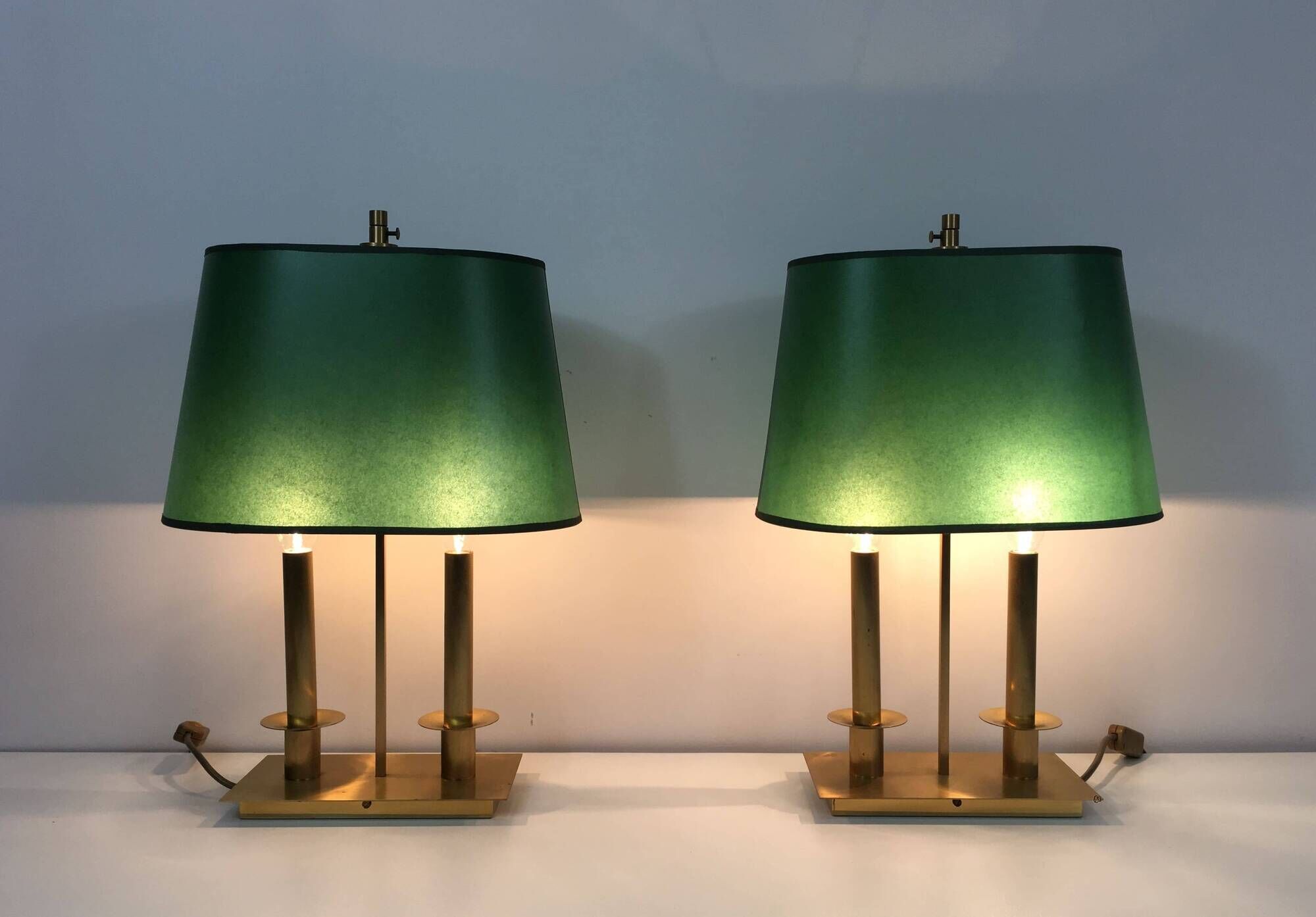 Pair of Two-Light Table Lamps in Brass with Green Shades. Work F