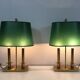 Pair of Two-Light Table Lamps in Brass with Green Shades. Work F