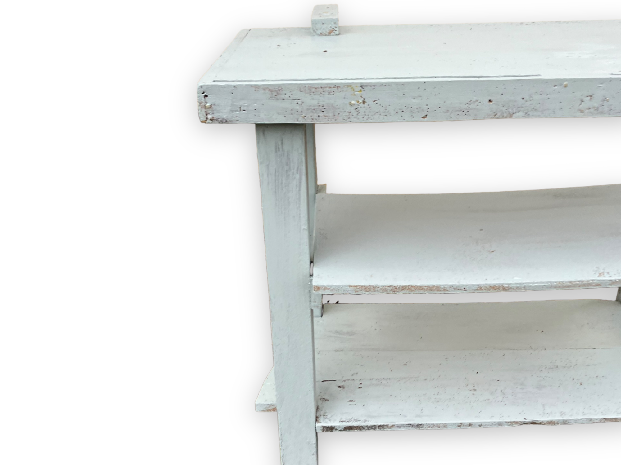 Light blue painted wooden workbench