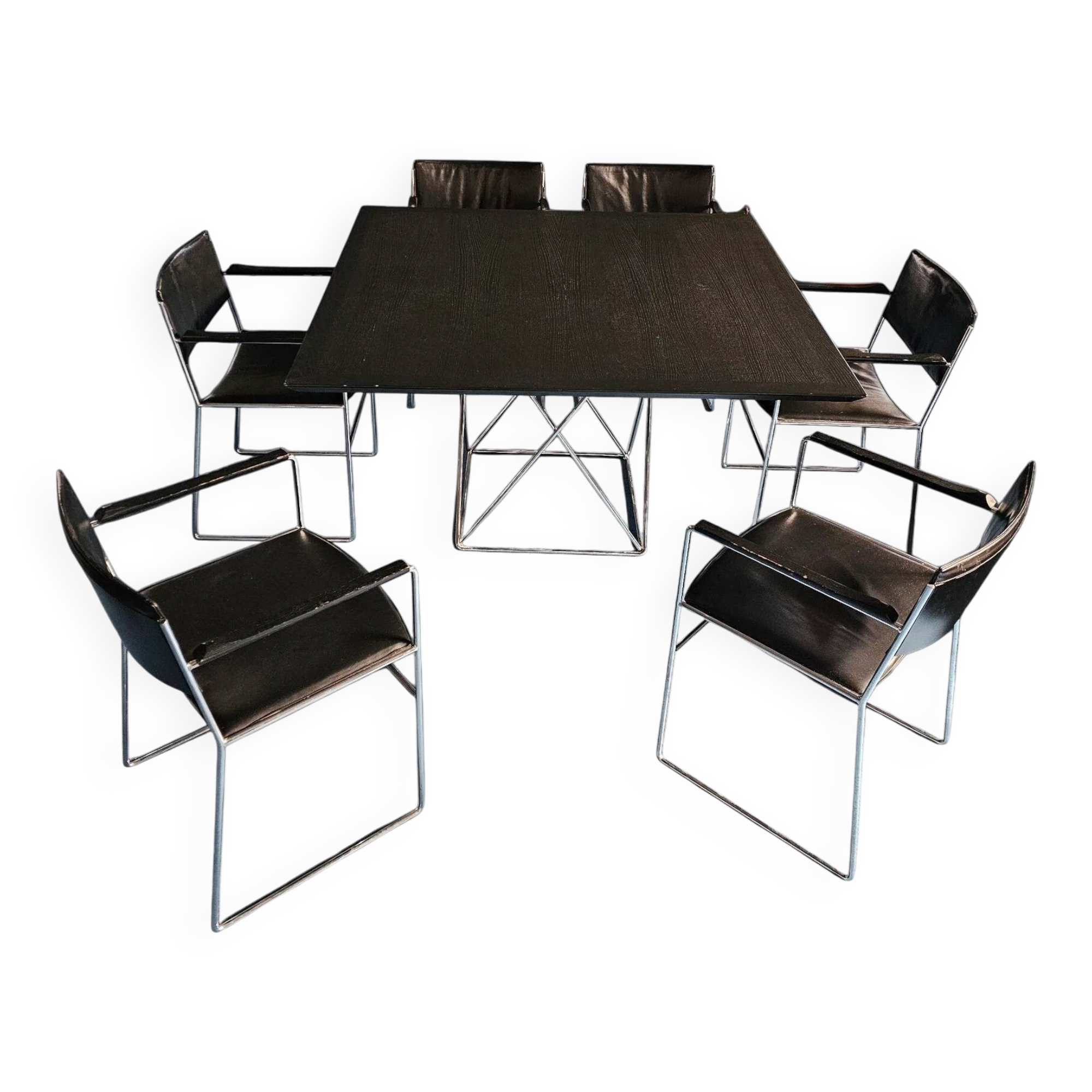 Arco dining set by Arnold Merckx with a rare Arco matching table 1980s black leather / black top