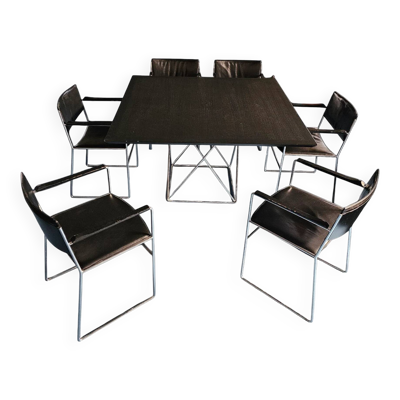 Ensemble de salle à manger Arco par Arnold Merckx avec une rare table assortie Arco des années 1980 en cuir noir / plateau noir