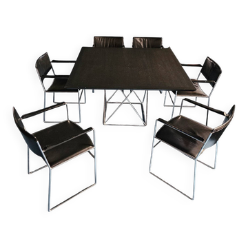 Arco dining set by Arnold Merckx with a rare Arco matching table 1980s black leather / black top