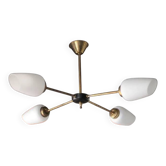 Vintage 4-light suspension, opaline globe pendant in Arlus style, ceiling lamp, interior decor.