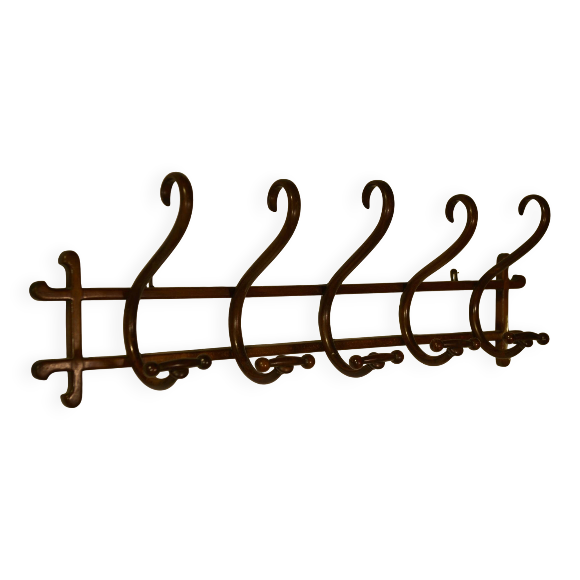 Curved beech wall coat rack published by Thonet, 1930s.