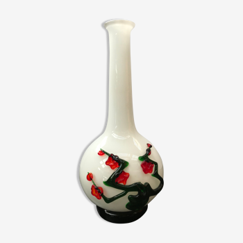 Vase Murano verre multicouche blanc décor vert & rouge vintage