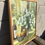 Canvas bouquet camaïeu of green signed Bourrat frame raw wood