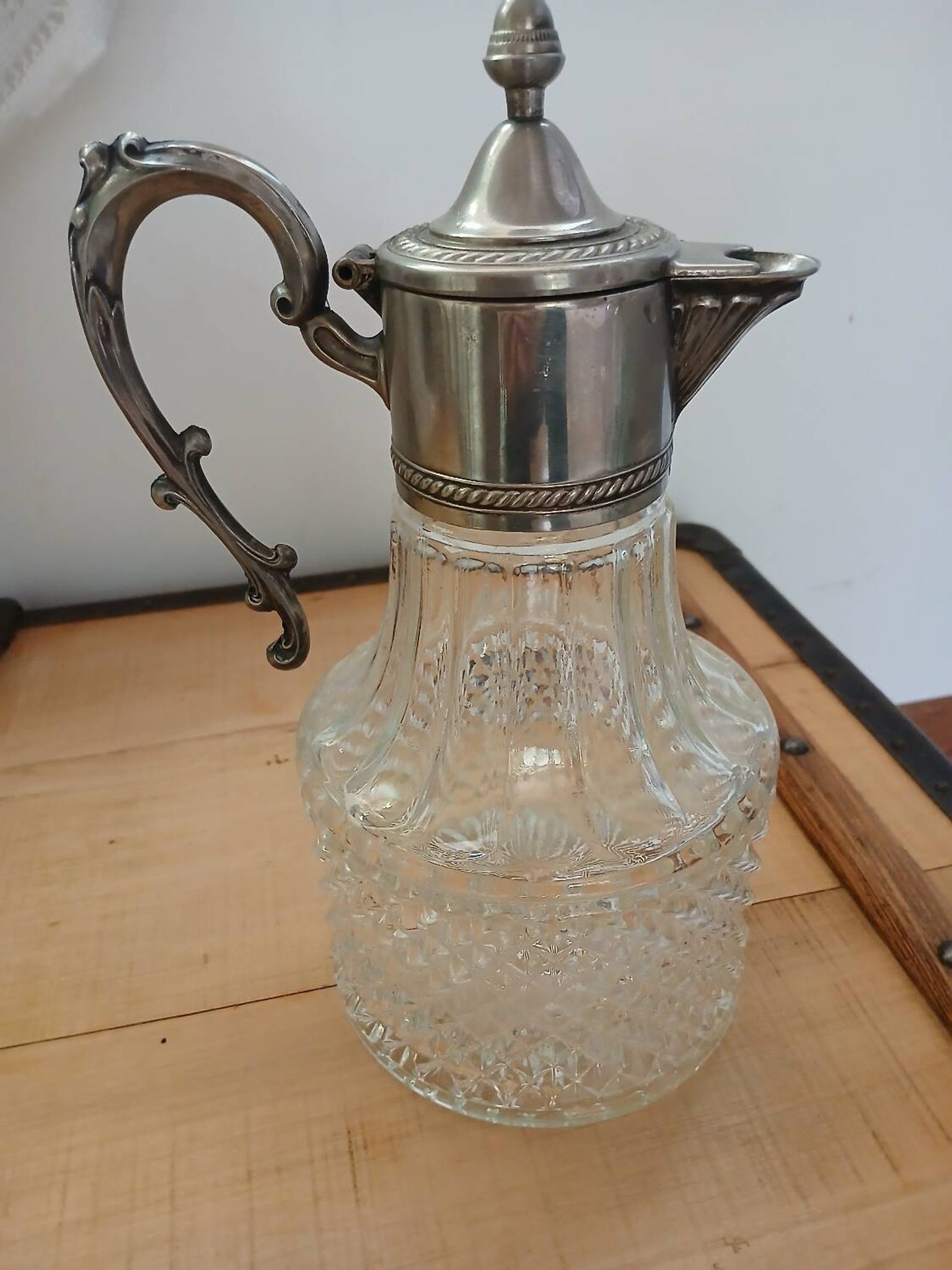 Antique pewter and glass carafe