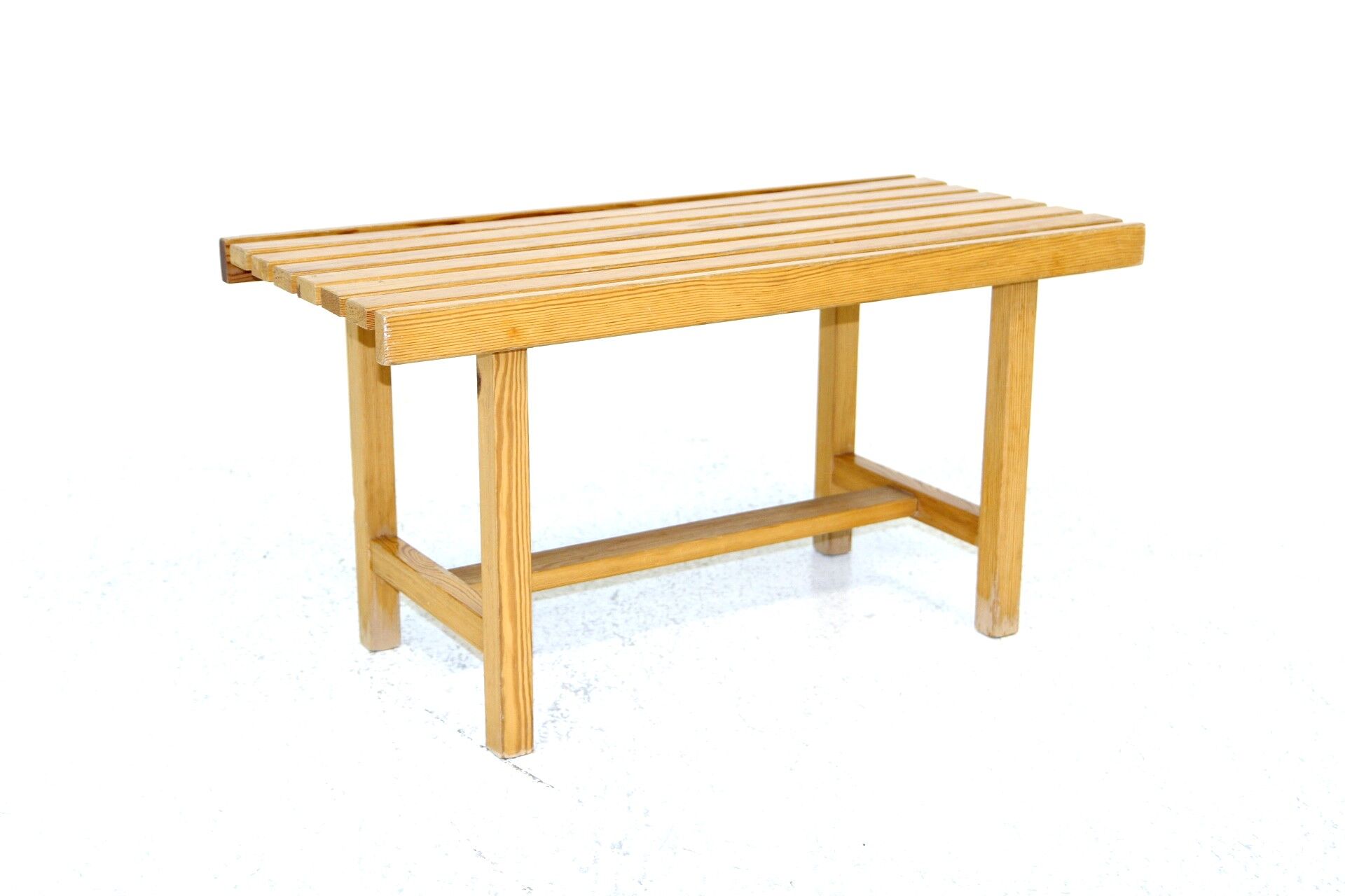 Minimalist pine bench, suede, 1970