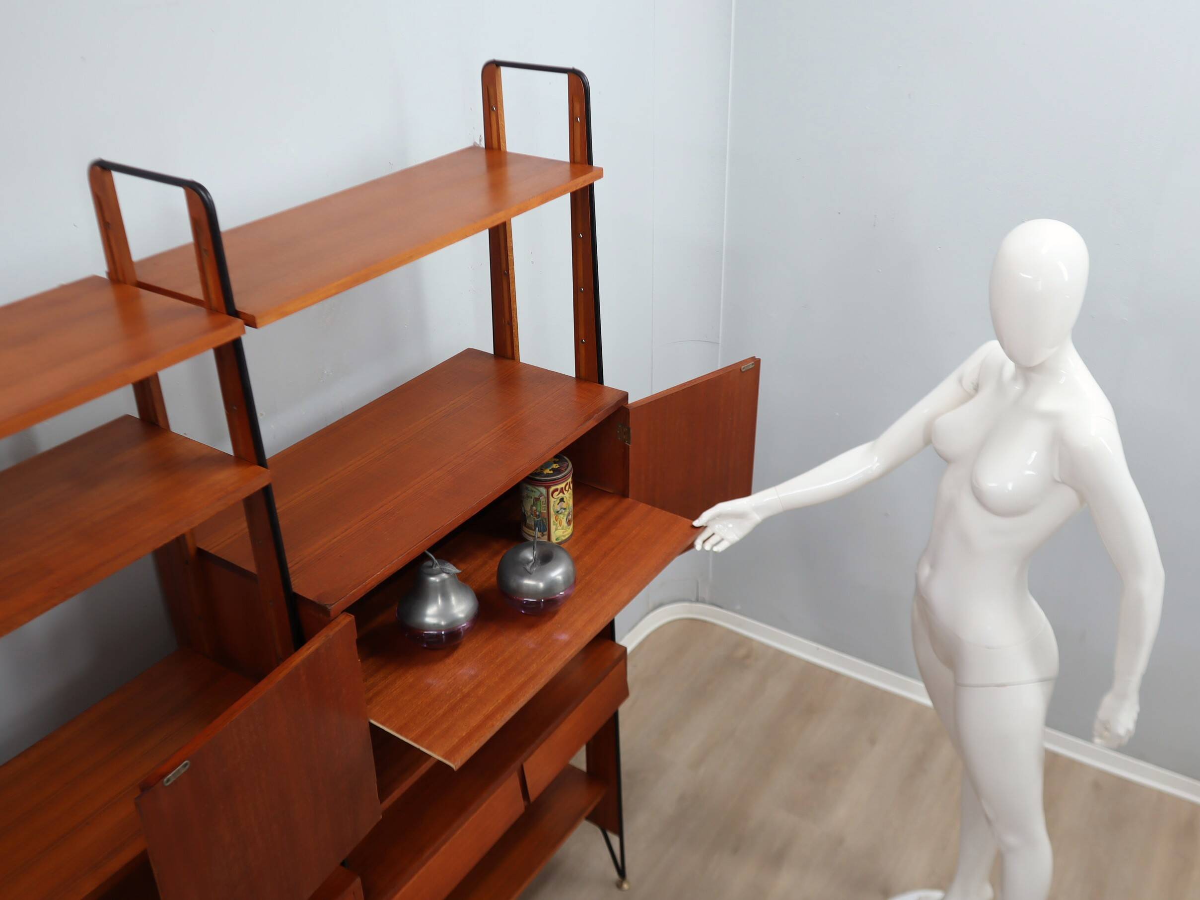 Mid century modular teak bookcase with bar unit, Italy 1950s