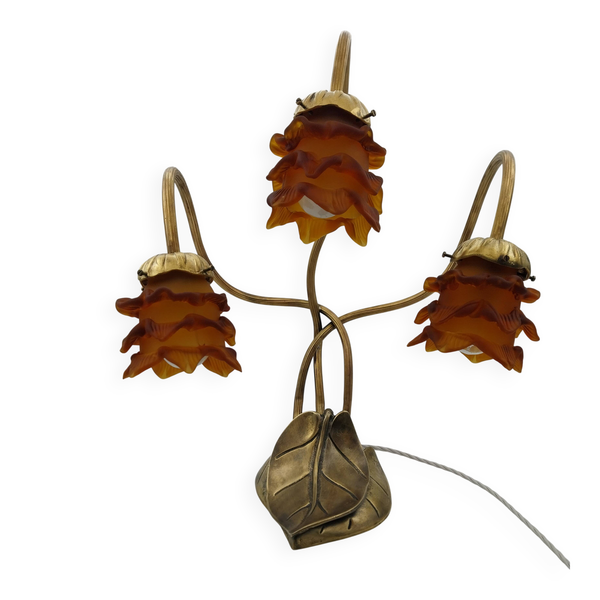 Lamp with brass leaves and glass paste flowers.