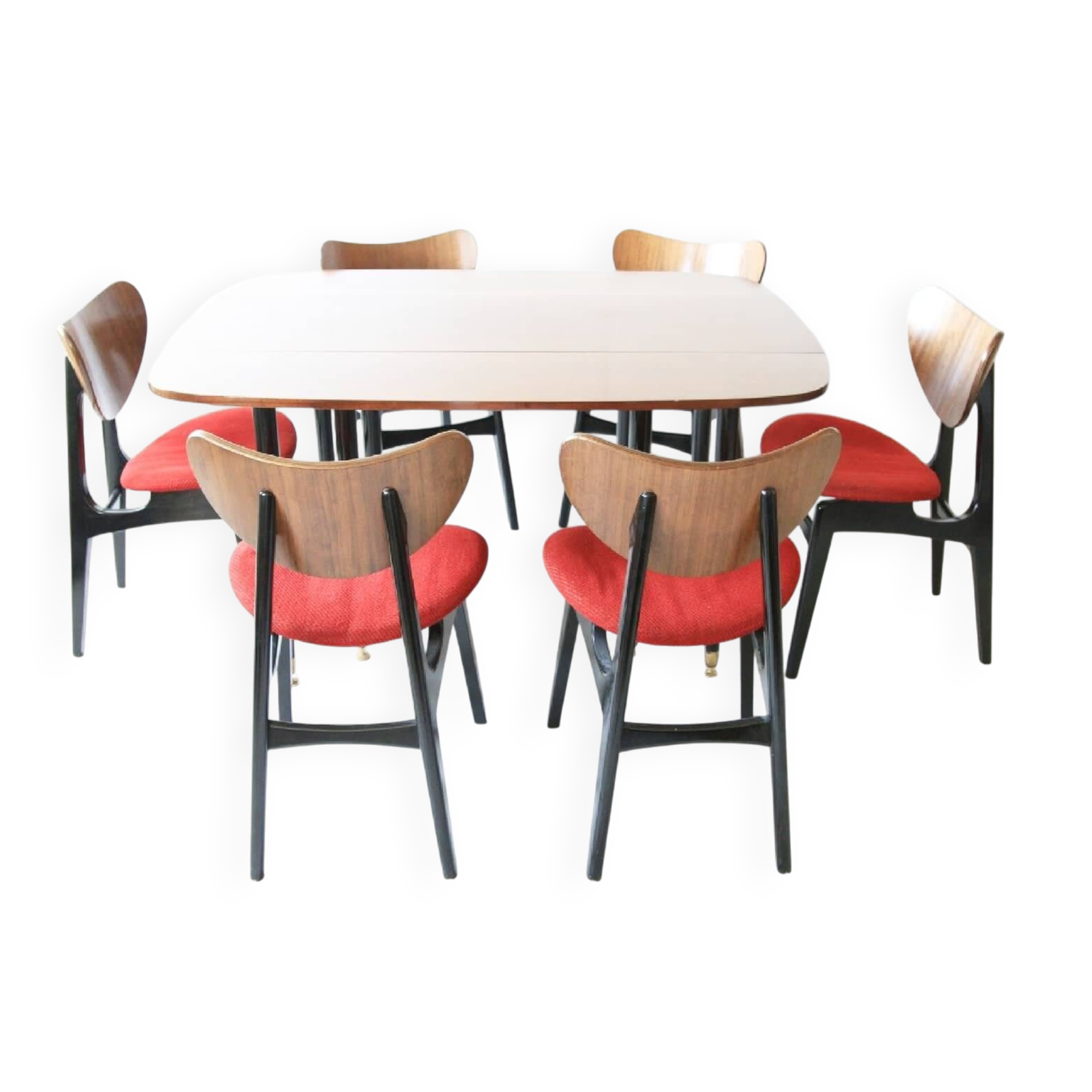 Mid-century mahogany wood and purple fabric set — drop-leaf table + 6 Butterfly chairs by G-Plan