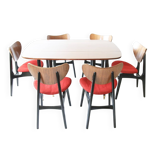 Mid-century mahogany wood and purple fabric set — drop-leaf table + 6 Butterfly chairs by G-Plan