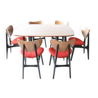 Mid-century mahogany wood and purple fabric set — drop-leaf table + 6 Butterfly chairs by G-Plan