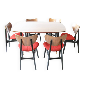 Ensemble mid-century en bois acajou et tissu violet — table à abattants + 6 chaises Butterfly G-Plan