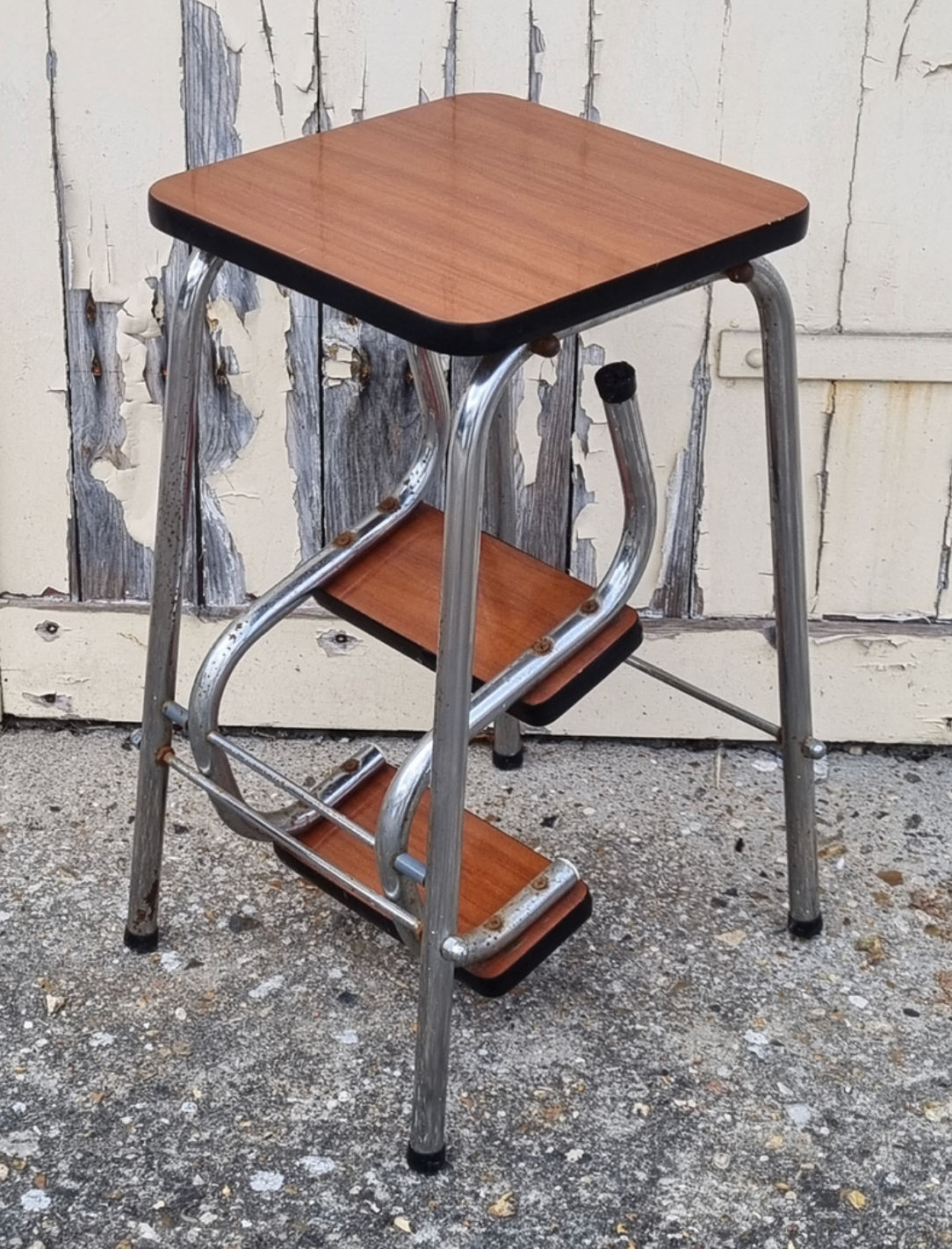Foot walking stool, stepladder, brown formica, 60s