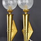 Paire d'appliques Murales Torches Bronze et Laiton Doré Flambeaux