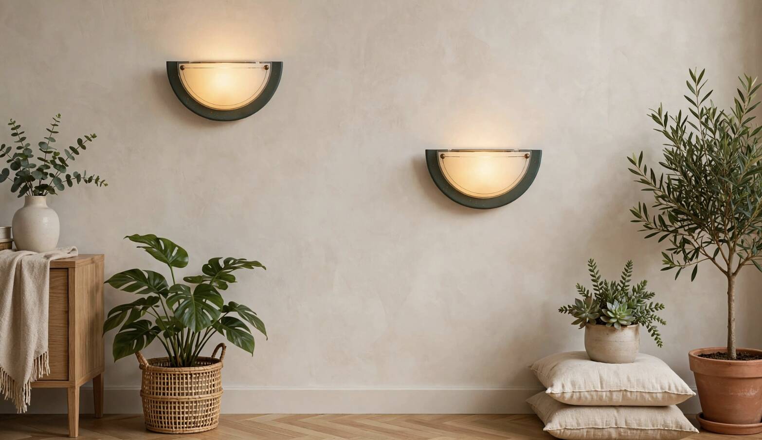 lot of 2 half-moon wall sconces in speckled sage green made in Italy vintage