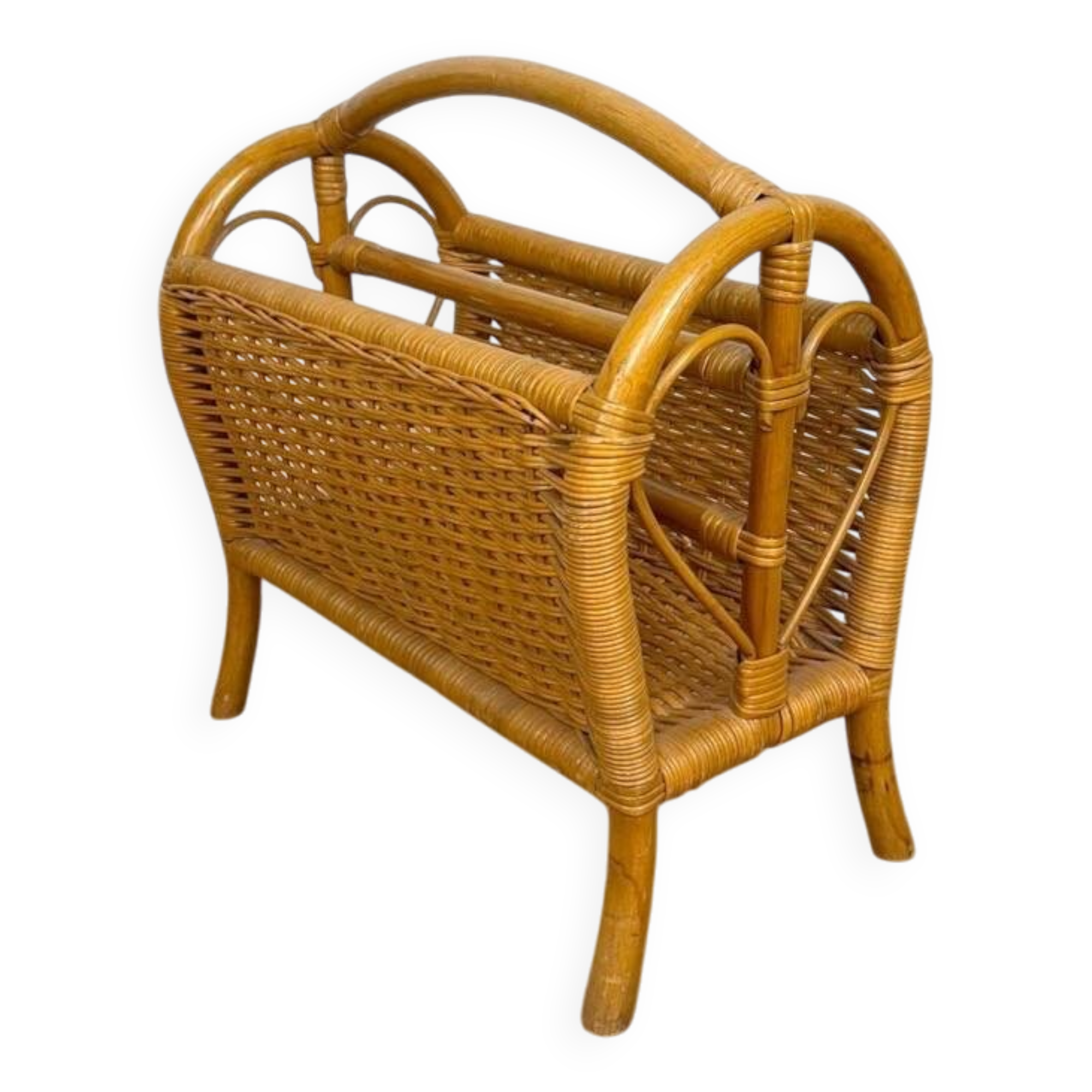 Vintage caramel-colored bamboo and rattan magazine rack