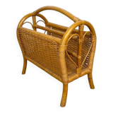 Vintage caramel-colored bamboo and rattan magazine rack