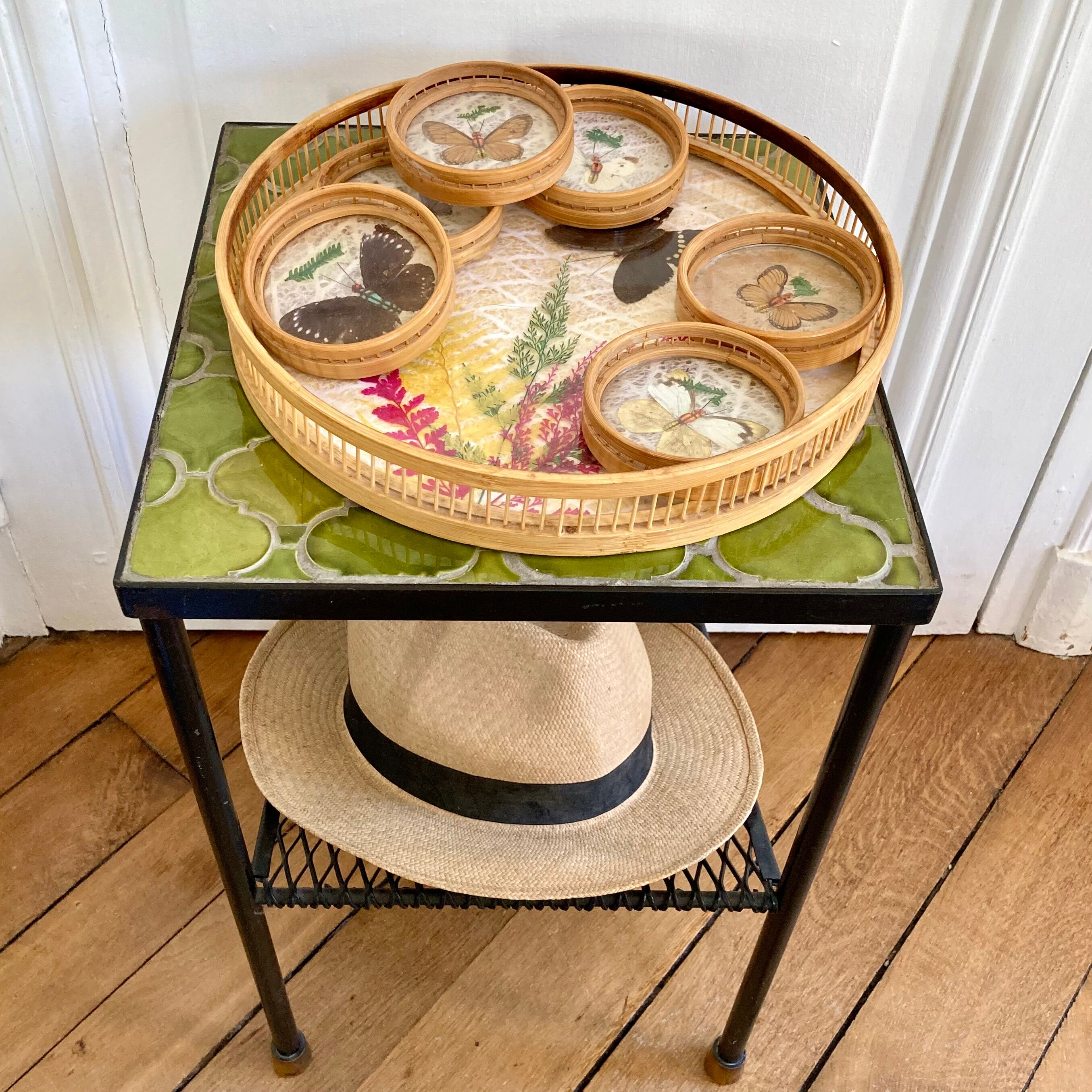 Bamboo butterfly tray and 6 vintage coasters