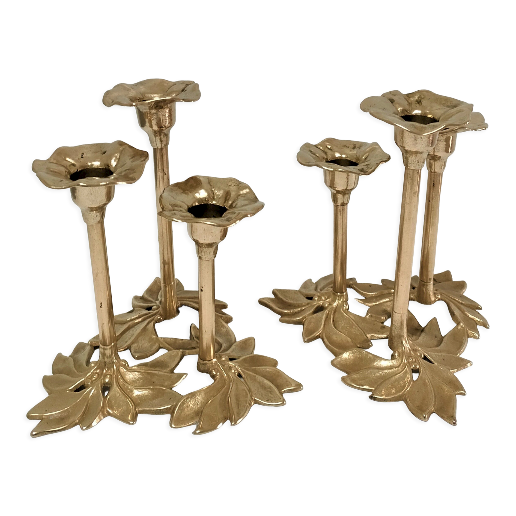 Pair of candlesticks solid brass vintage flowers